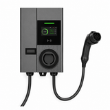 Smart Type 2 AC wallbox charger, front view with Type 2 socket, color display, RFID reader area, blue status indicator, and an external Type 2 plug shown for reference
