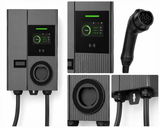 Smart Type 2 AC wallbox charger, multi-angle view showing the Type 2 socket, color display, external Type 2 plug, and empty cable holder

