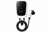 Type 2 AC wallbox charger, front view with RFID reader symbol, red yellow and green status indicators, integrated charging cable, cable holder, and Type 2 plug
