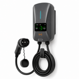 Smart Type 2 AC wallbox charger, front view with integrated Type 2 charging cable, color display, RFID reader area, and blue status indicator
