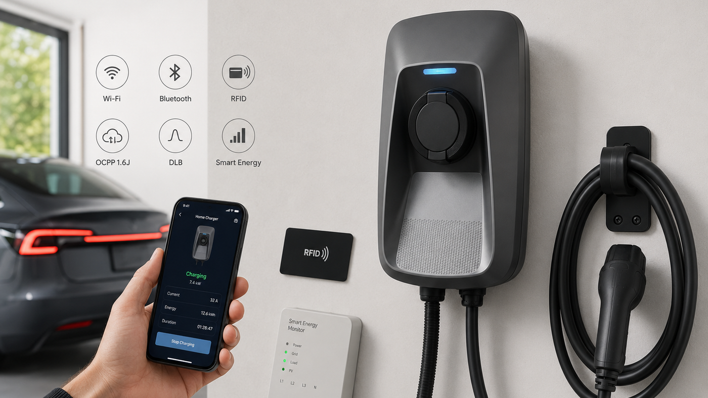 Wi-Fi, RFID, OCPP, and DLB options for residential, installer, and commercial charging environments.